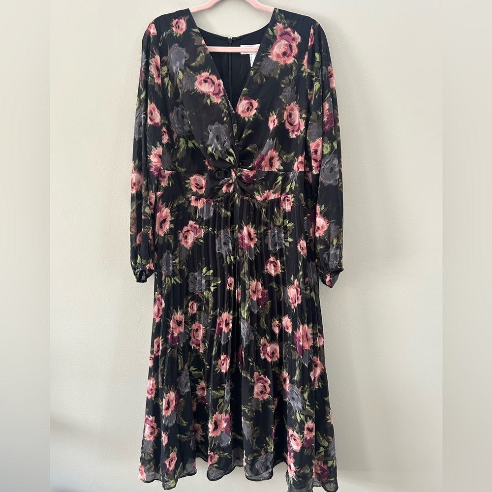 Addition Elle Pleated Skirt Twist Front Semi Sheer Long Sleeve Floral Midi Dress - Picture 2 of 6